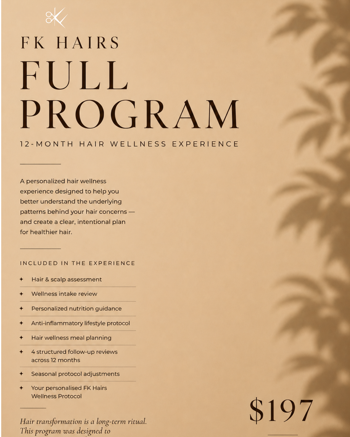 FK Hairs Full Program — 12-month personalized hair and scalp wellness experience. Includes custom cultural meal plan, anti-inflammatory lifestyle protocol, at-home ritual recipes and 4 structured follow-up reviews. $197.