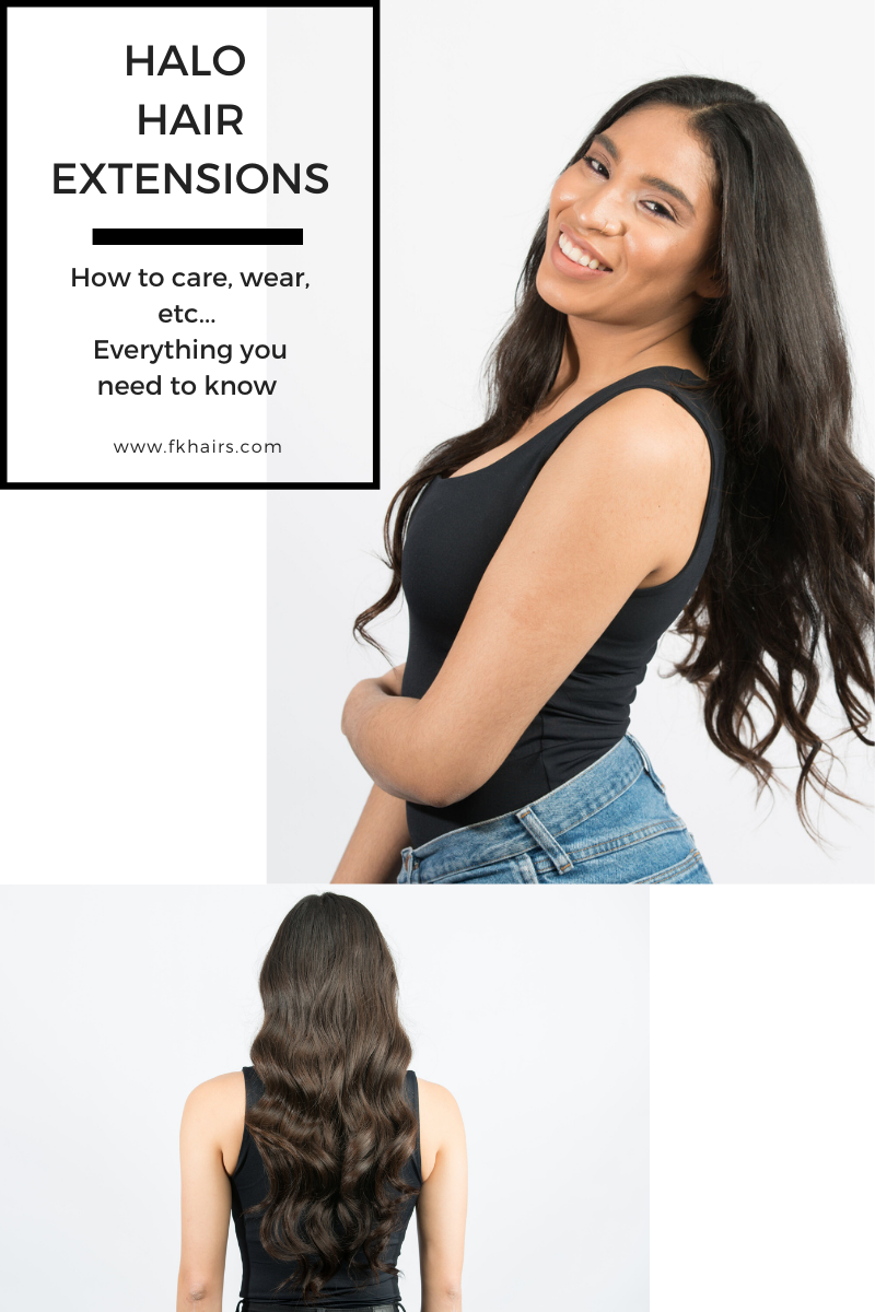 Model wearing her Halo by FK Hairs front and back pictures. How to wear, style, care and so much more for your hair extensions.