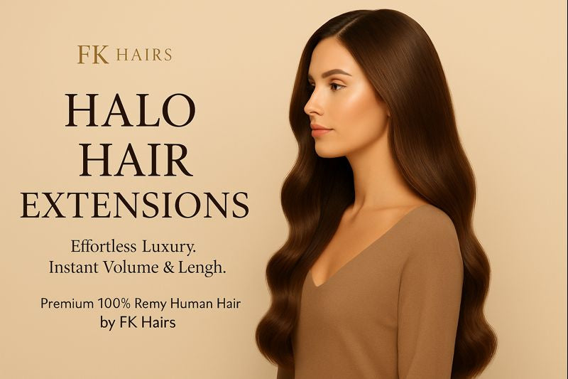 Woman with long, wavy hair wearing a beige top, with text about Halo Hair Extensions by FK Hairs.