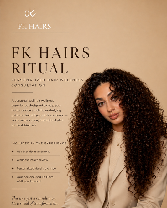 FK Hairs Ritual — Personalized hair and scalp wellness consultation by FK Hairs. Holistic trichology-based hair wellness experience for women experiencing thinning, shedding, scalp concerns and hair loss. Book The Ritual or The Full Program.